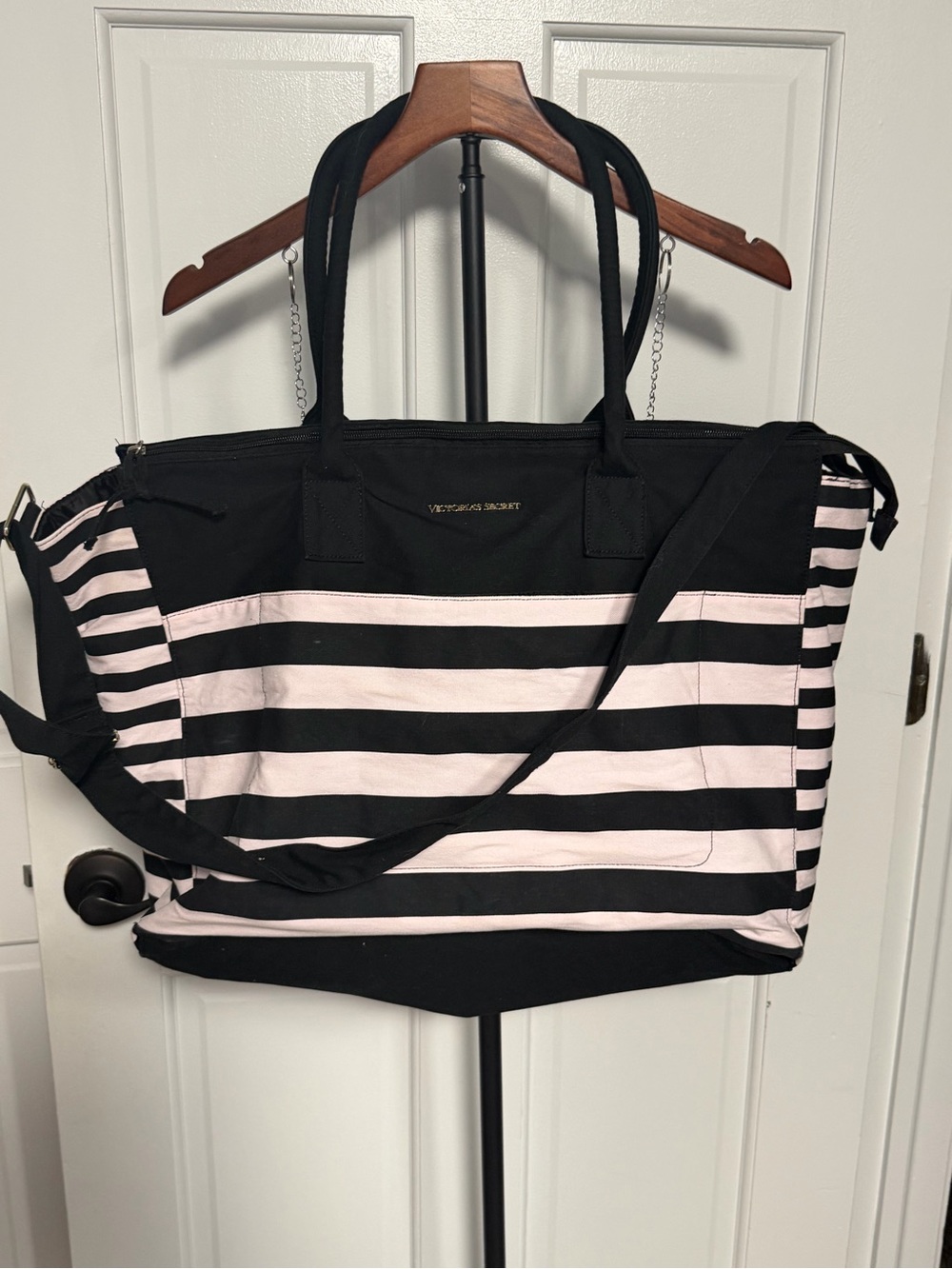 Victoria's Secret Black & Light Pink Striped Canvas Tote